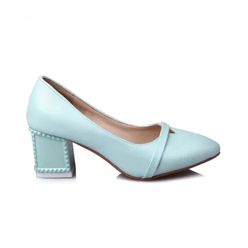 ENMAYER Spring Autumn Women Fashion Concise Pumps Shoes Pointed Toe Slip-On Square Heel Rivets Large Size 34-43 Blue Pink White