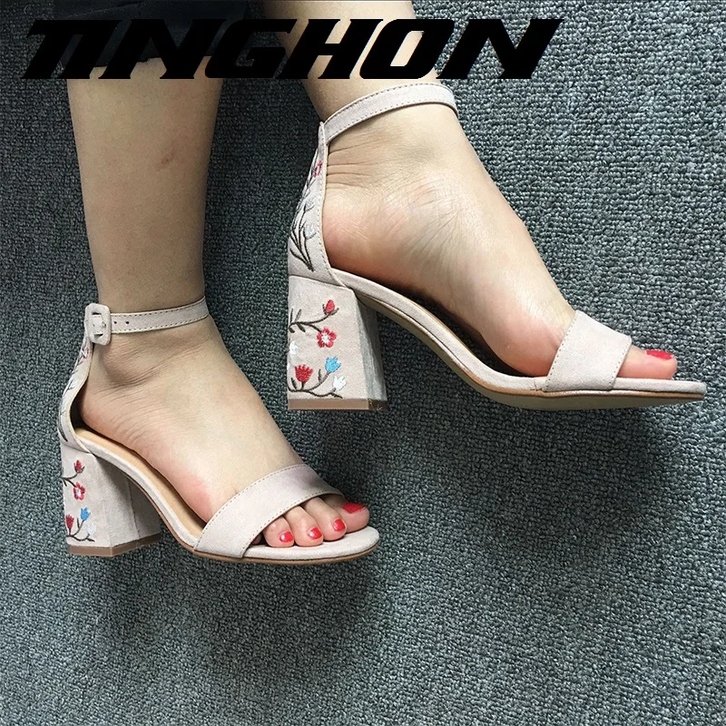 Women Faux Suede Sandals Embroider High Heel Women Sandals Ethnic Floral Sandalias Muje Party Shoes
