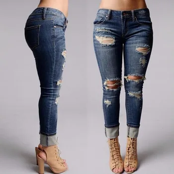 KL923 Skinny jeans low waist girls vintage hole ripped jeans for women hot selling spring long pencil pants