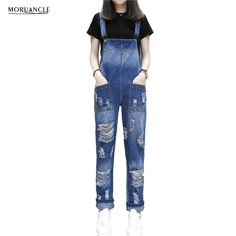 MORUANCLE 2017 New Ladies Ripped Jumpsuit Jeans Fashion Distressed Jeans Rompers For Woman Suspender Denim Overalls With Holes