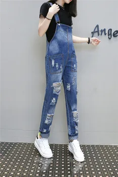 MORUANCLE 2017 New Ladies Ripped Jumpsuit Jeans Fashion Distressed Jeans Rompers For Woman Suspender Denim Overalls With Holes