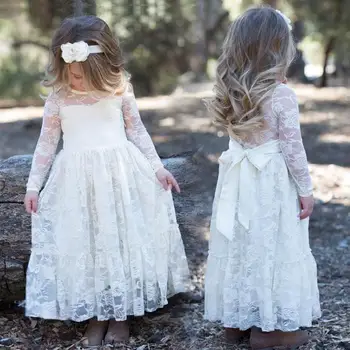 2017Girl Lace Long Dress With Sweet Flower For Age Baby Kids Princess Wedding Prom Party White/Cream Big Bow Long Sleeved Dress