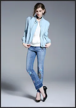 Fashion tiger embroidery MId cotton skinny Jeans women vintage straight ankle-length pants