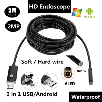 5M 2in1 HD USB Endoscope camera Waterproof 2MP 8.0mm 6LED endoscope for smartphone Android & PC Borescope Inspection mini Camera