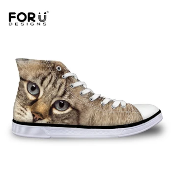 FOURDESIGNS Lovers Fashion Classic Leisure High Top Shoes 3D Cats Printing Women Casual Shoes Summer Breath Lace-up Flats Shoes
