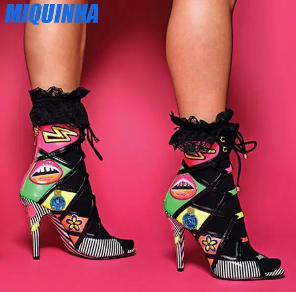 MIQUINHA Black Stripe Women Peep Toe Lace Up Ankle Boots Mixed Colors Printing Ladies High Heel Boots Cut Out Style Boots