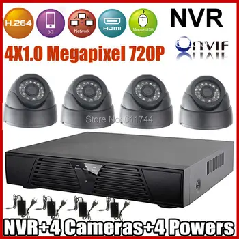 ONVIF 2.0 Video surveillance Security CCTV Camera System 720P Indoor Dome IP Camera and 4ch H.264 NVR KIT