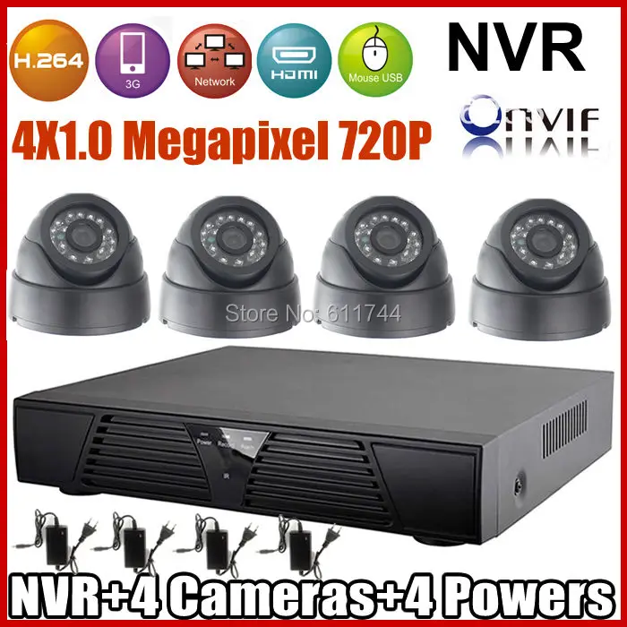 ONVIF 2.0 Video surveillance Security CCTV Camera System 720P Indoor Dome IP Camera and 4ch H.264 NVR KIT