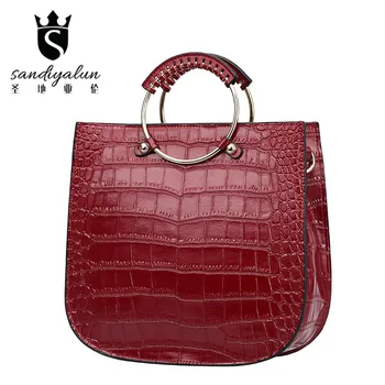 Sandiyalun Brand Women Ring Handle Genuine Leather Handbags Bread Shape Tote Women Vintage Shoulder Bag Ladies Messenger Bag