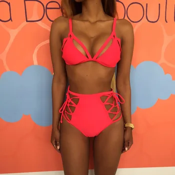 Women Bikini Sets Solid Color High Waist Lady Swimwear Swimsuits Summer Beach Bandage Bathing Suit